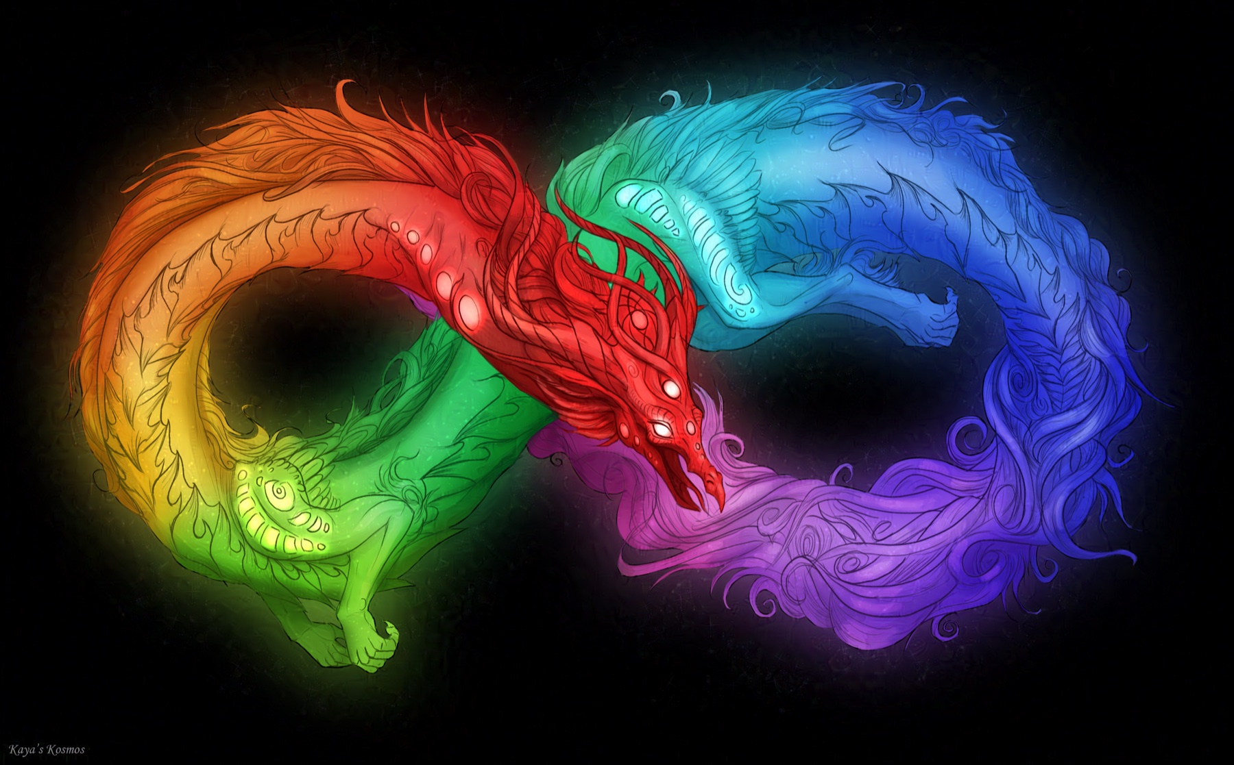 A rainbow-coloured dragon coiled into the shape of an infinity symbol against black. Its body runs through red, orange, yellow and green in the left loop and cyan, blue and violet in the right; the red head bends down at the crossing point with its mouth open, and a violet plume of mane passes beneath it.
