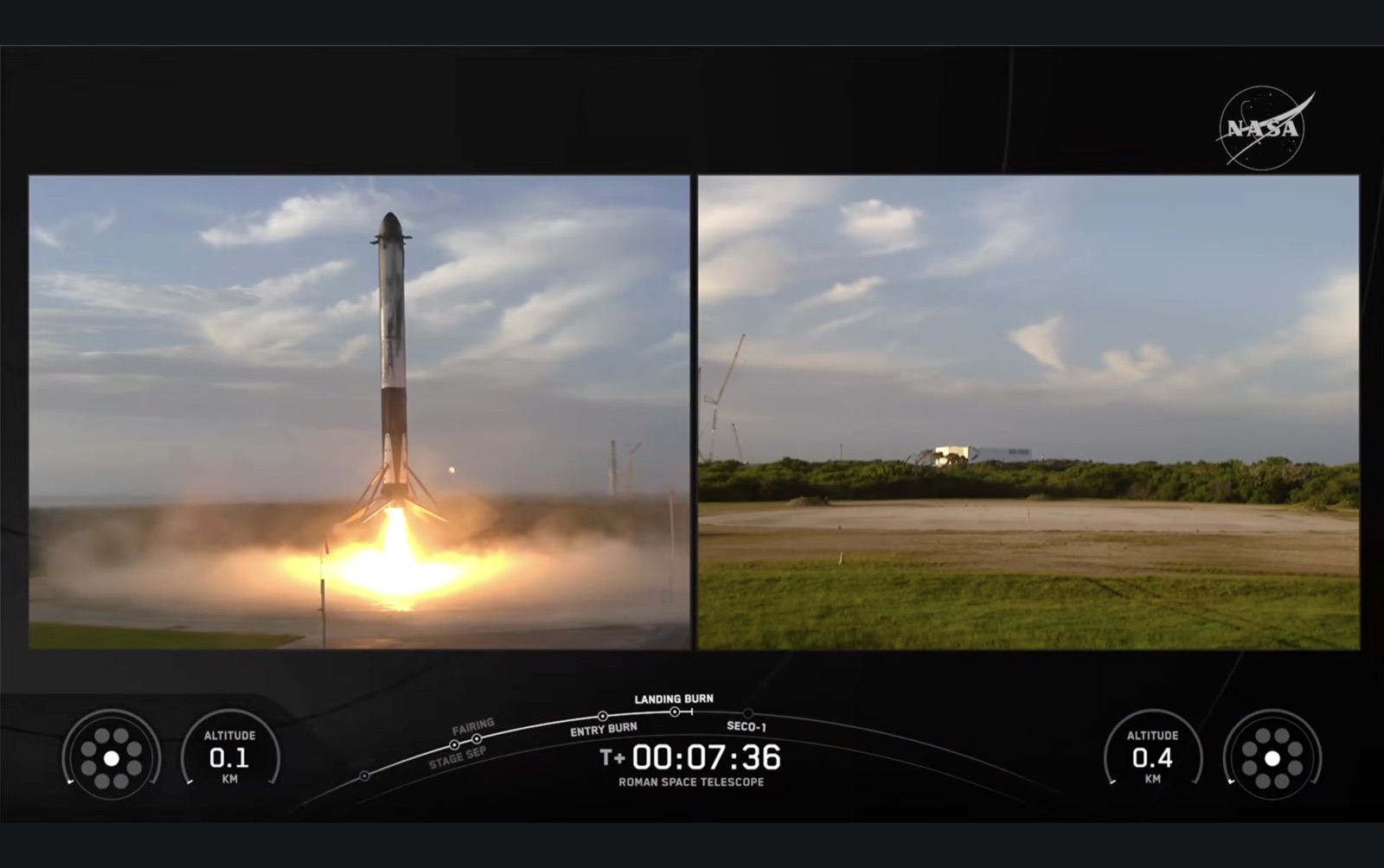 A split-screen view three seconds later. On the left a side booster settles onto its pad in a cloud of dust, engine still burning, legs down. On the right, a second landing pad sits empty under a blue sky with scrubland behind it. Telemetry reads T+00:07:36, altitude 0.1 km on the left and 0.4 km on the right.