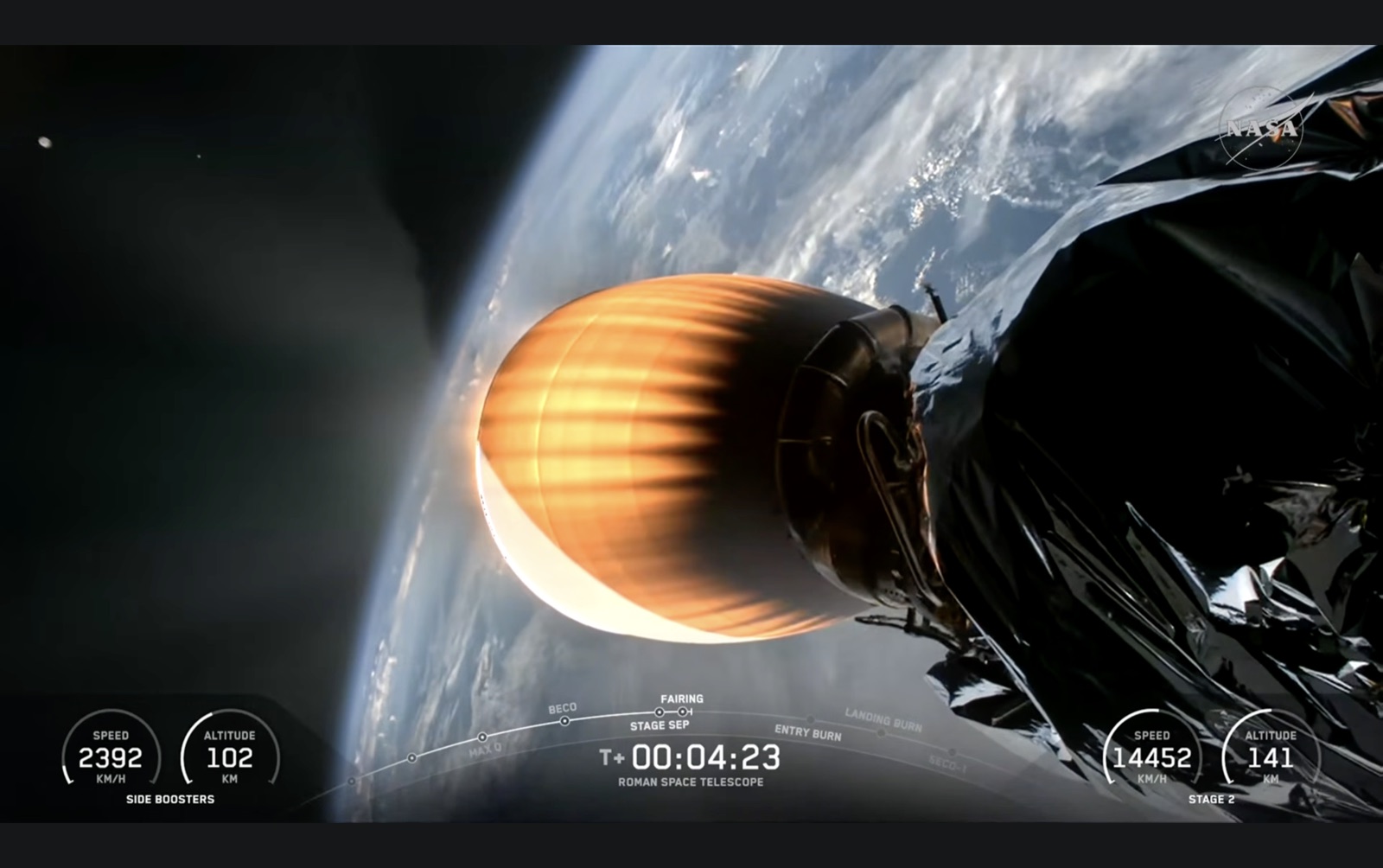 The Falcon Heavy second stage seen from an onboard camera 141 kilometres up. Its engine nozzle glows bright orange, ribbed with vertical stiffeners, against the blue-white curve of Earth and the black of space; crumpled silver and black insulation fills the right of the frame. Telemetry overlays read T+00:04:23, side boosters at 2392 km/h and 102 km, stage 2 at 14452 km/h and 141 km.